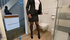 mega-bitch in business suit ramming panty in pussy, business mega-slut
